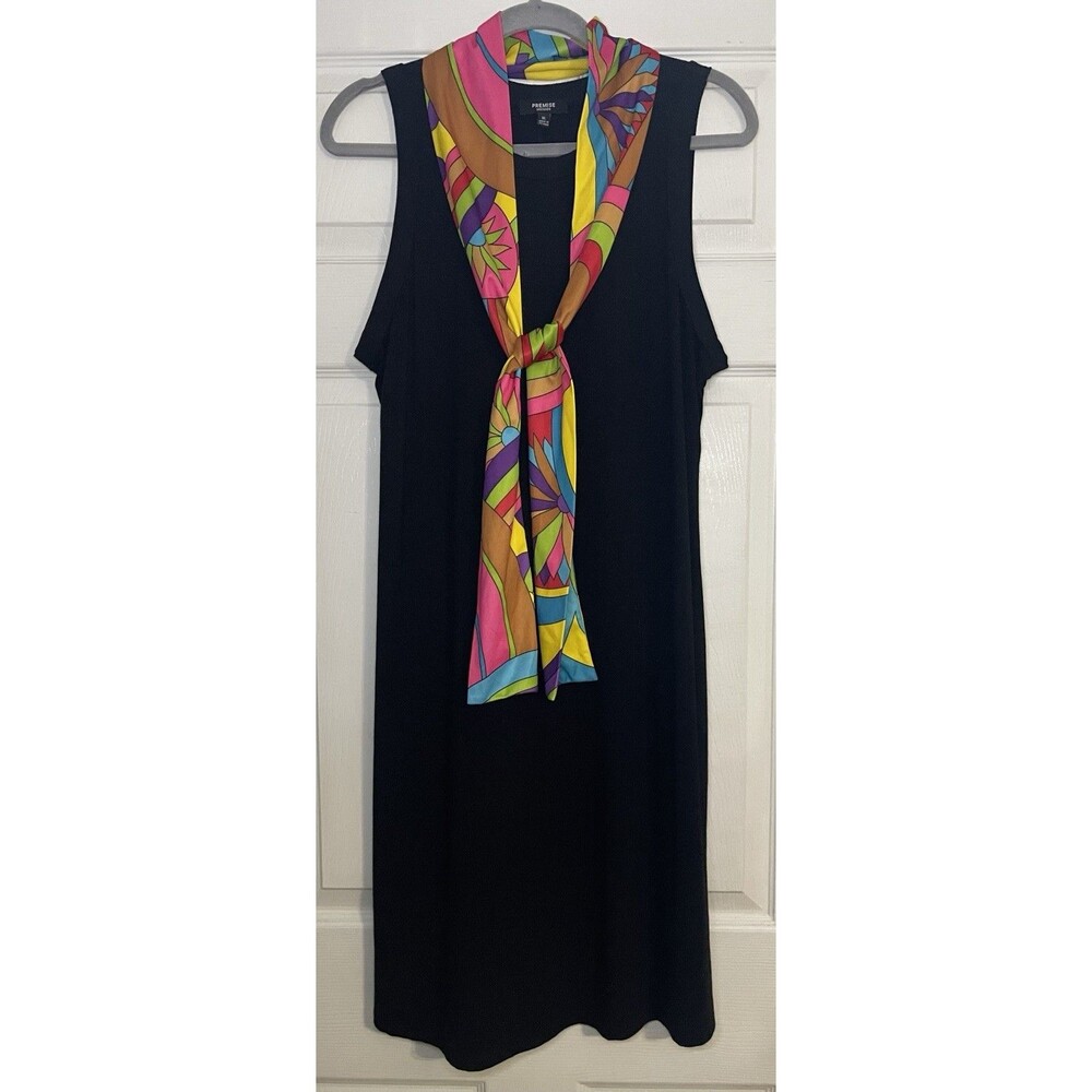 PREMISE STUDIO Black Sleeveless Dress w/ Attached Psychedelic Scarf XL Mod Retro